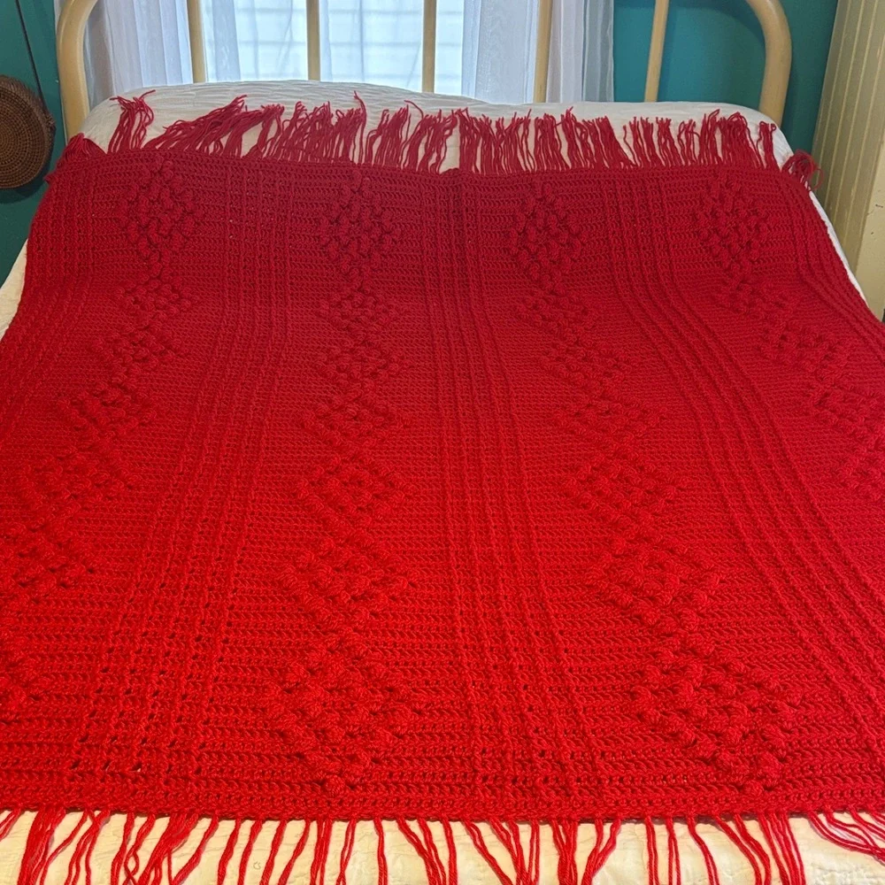 Hand Crocheted Popcorn Stitch Design Orange Afghan